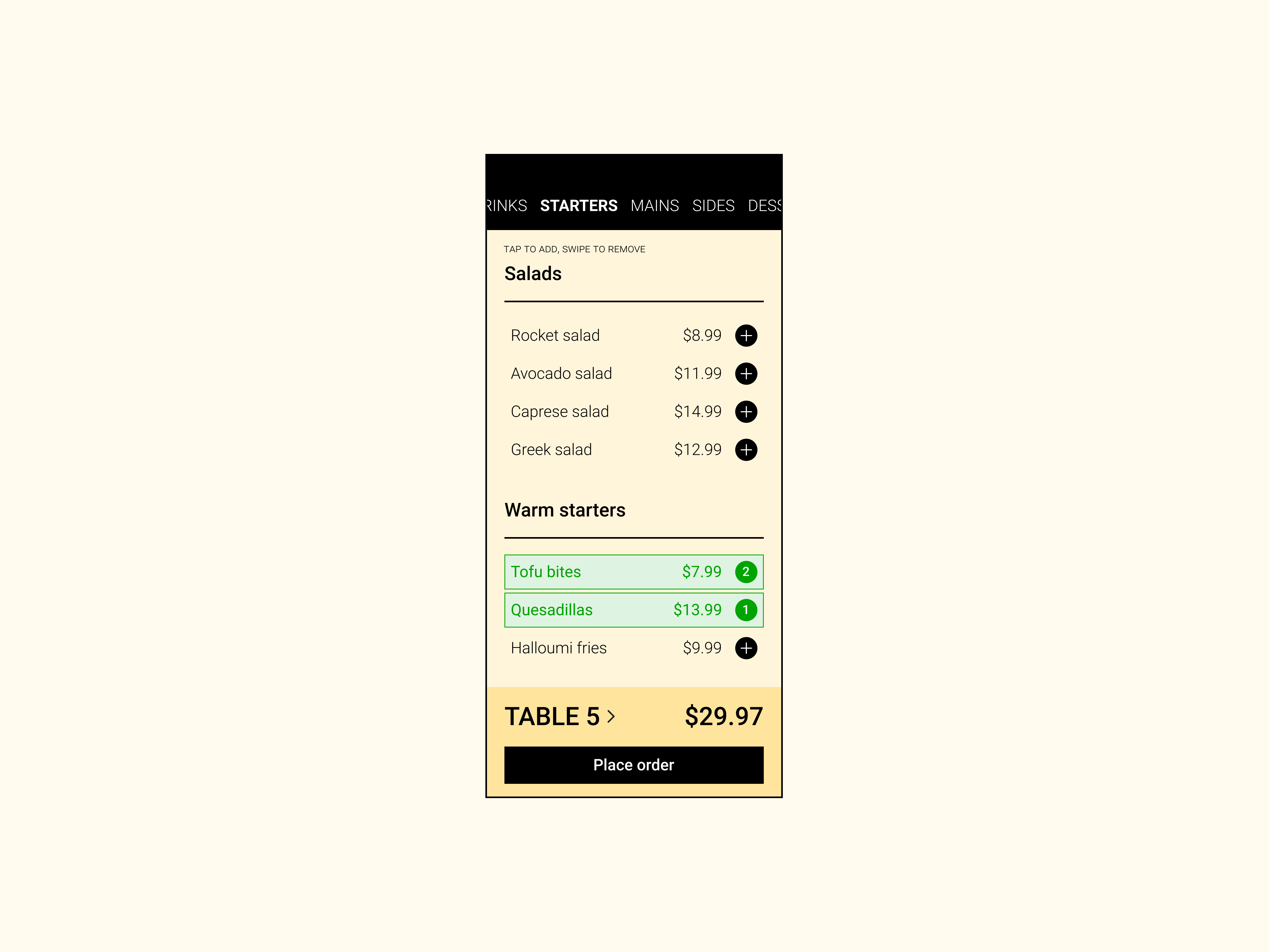 A screenshot of the UI for a food menu app