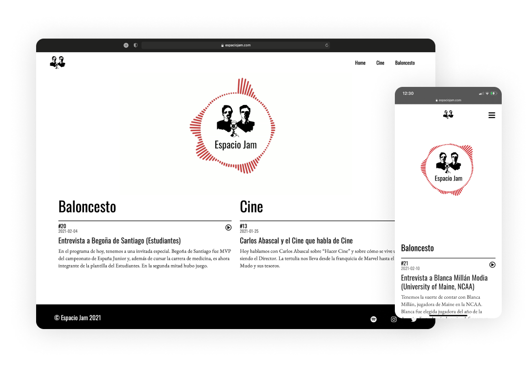 two screenshots of a desktop and a mobile showing Espacio Jam's website